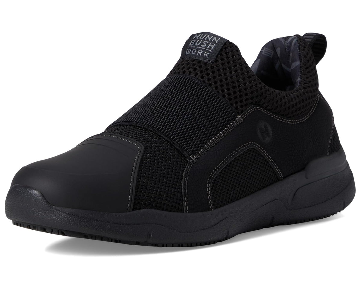 Black slip-on work shoe front view with mesh panels and sporty rubber sole