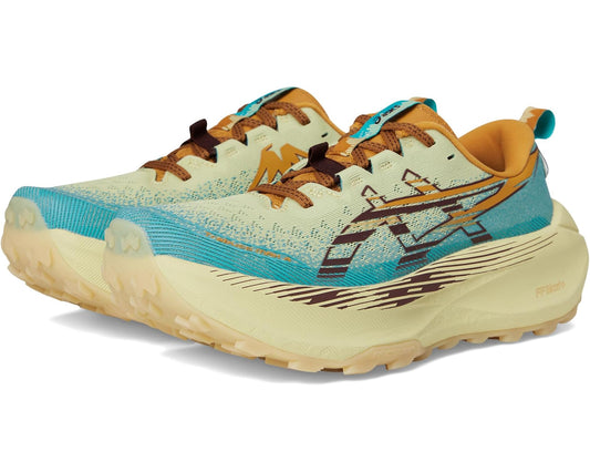 Men's trail running shoe in wheat, teal and brown with patterned upper and lace-up.