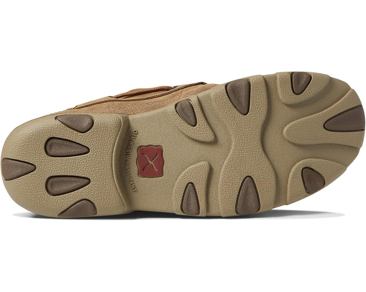 Men's Twisted X work shoe outsole, textured traction tread and red logo patch