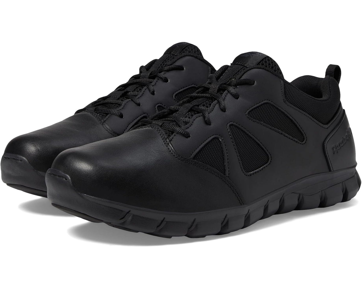 Black tactical work shoes with soft toe, lace-up closure and cushioned sole