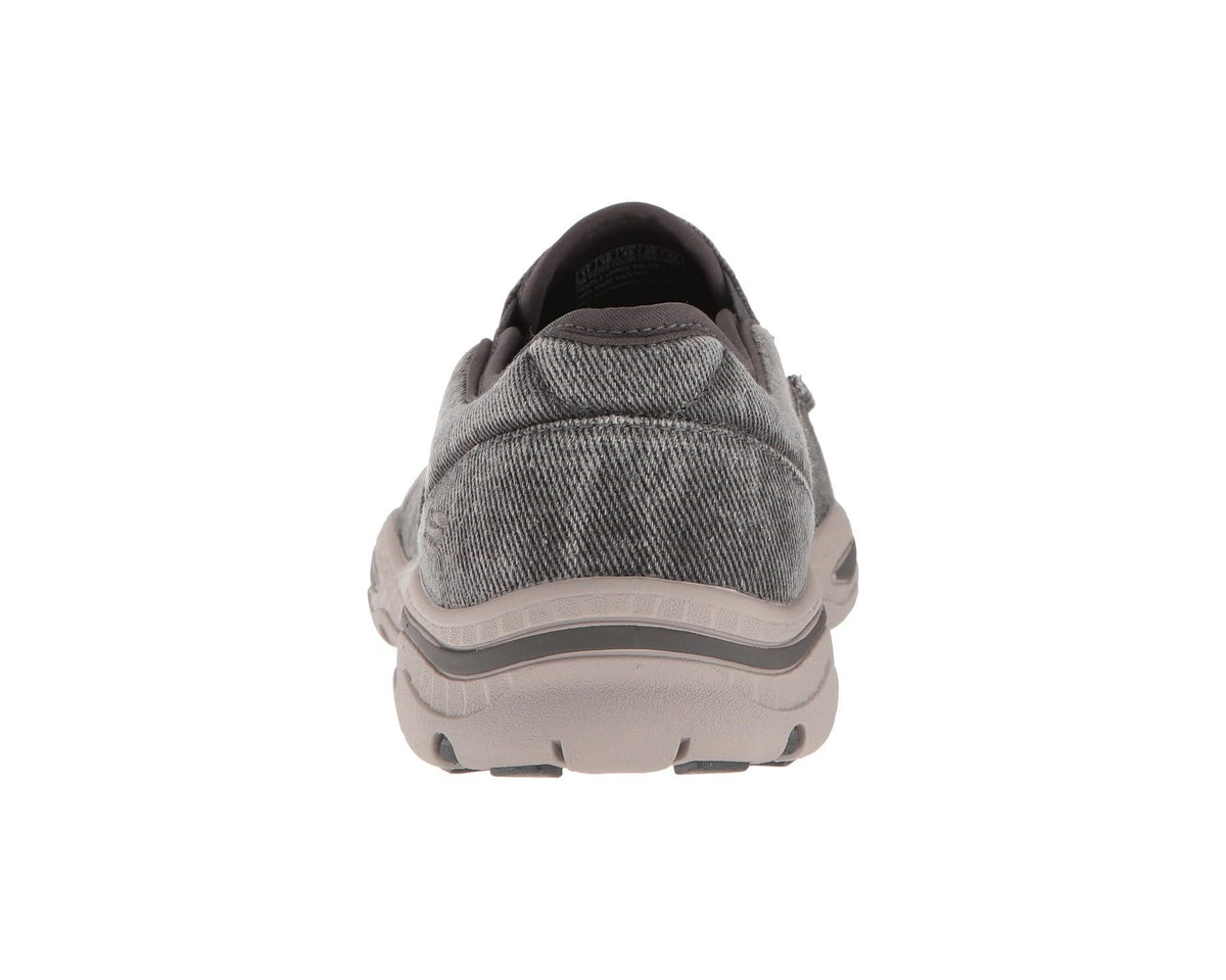 SKECHERS charcoal slip-on sneaker heel view with textured upper and padded back