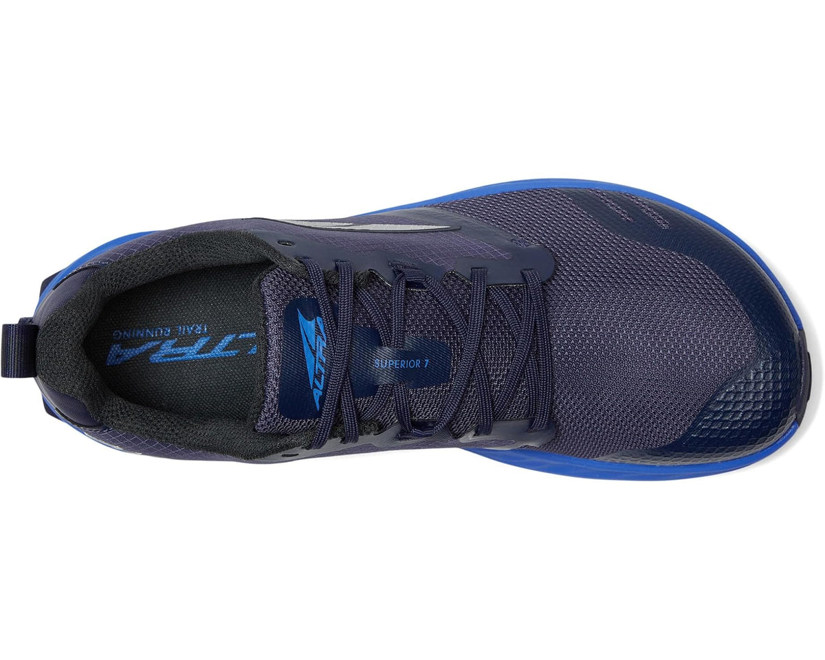 Men's dark blue running shoes, rear view with padded heel and lace-up closure