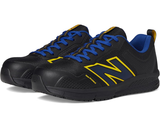 New Balance safety work shoes, protective toe cap, blue laces, yellow logo