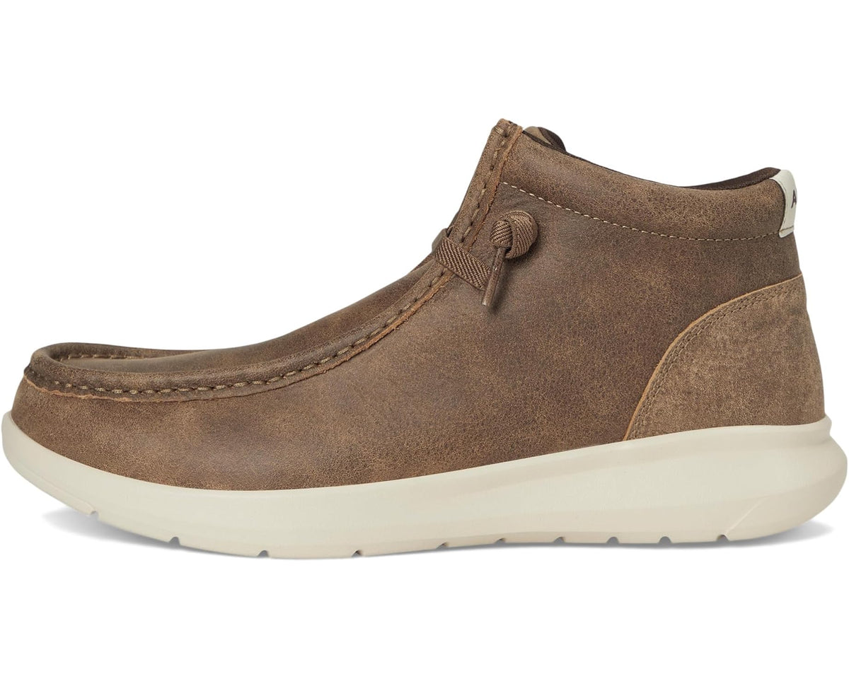 Brown suede mid-top chukka boot with lace-up closure and side seam stitching