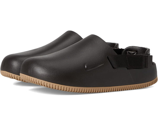 Men's Nike slip-on clog in dark brown with black strap and tan rubber sole