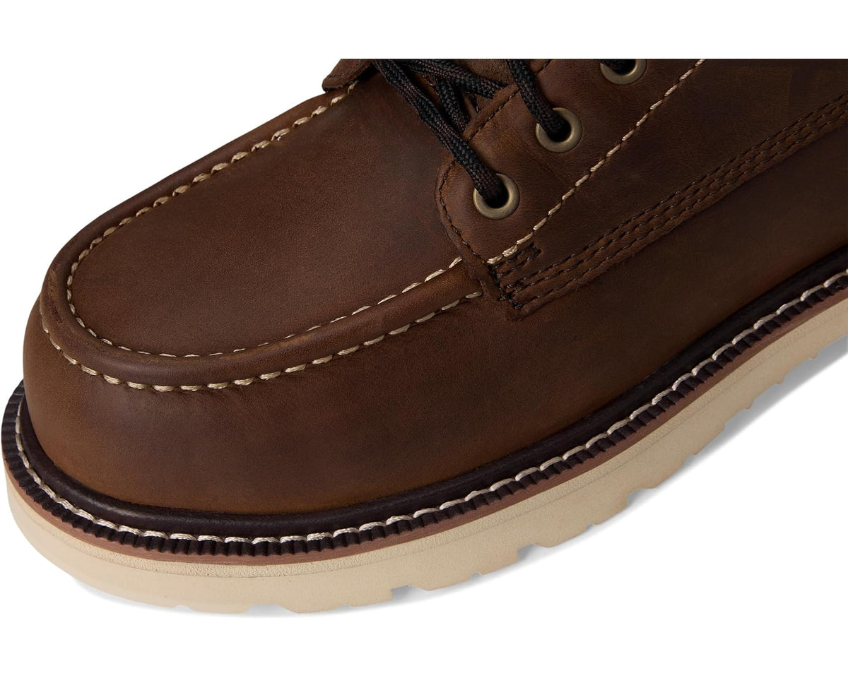 Brown composite-toe work boot with stitched toe cap and lace eyelets