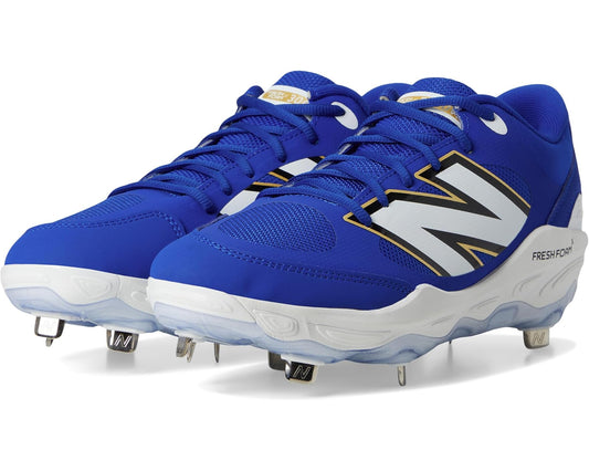 Men's royal blue New Balance baseball cleats with white midsole and metal spikes