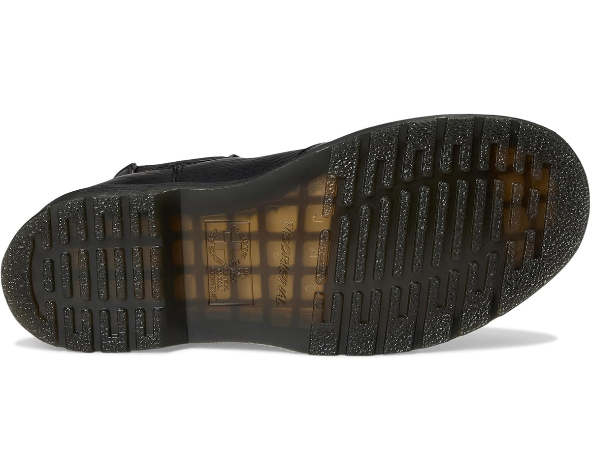 Unisex black leather Chelsea boot with rugged outsole tread and printed insole logo