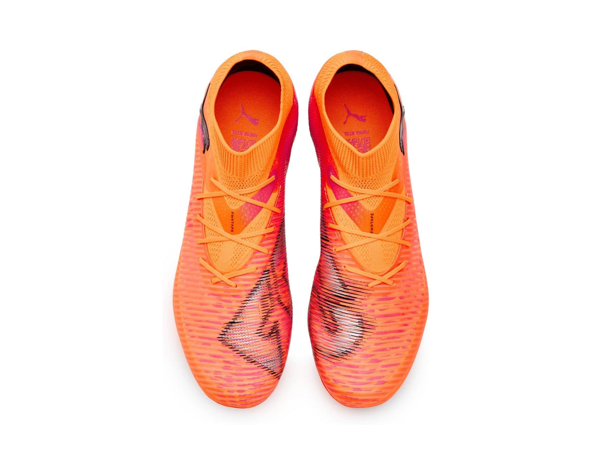 PUMA men's soccer cleats, orange knit upper with lace-up closure and black/purple graphics