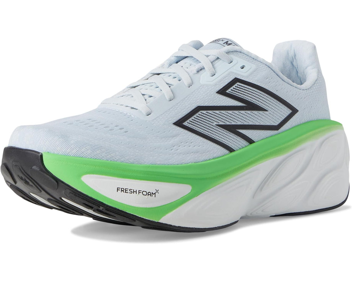 Men's New Balance Fresh Foam X More v5 front 3/4, light blue knit with neon green midsole