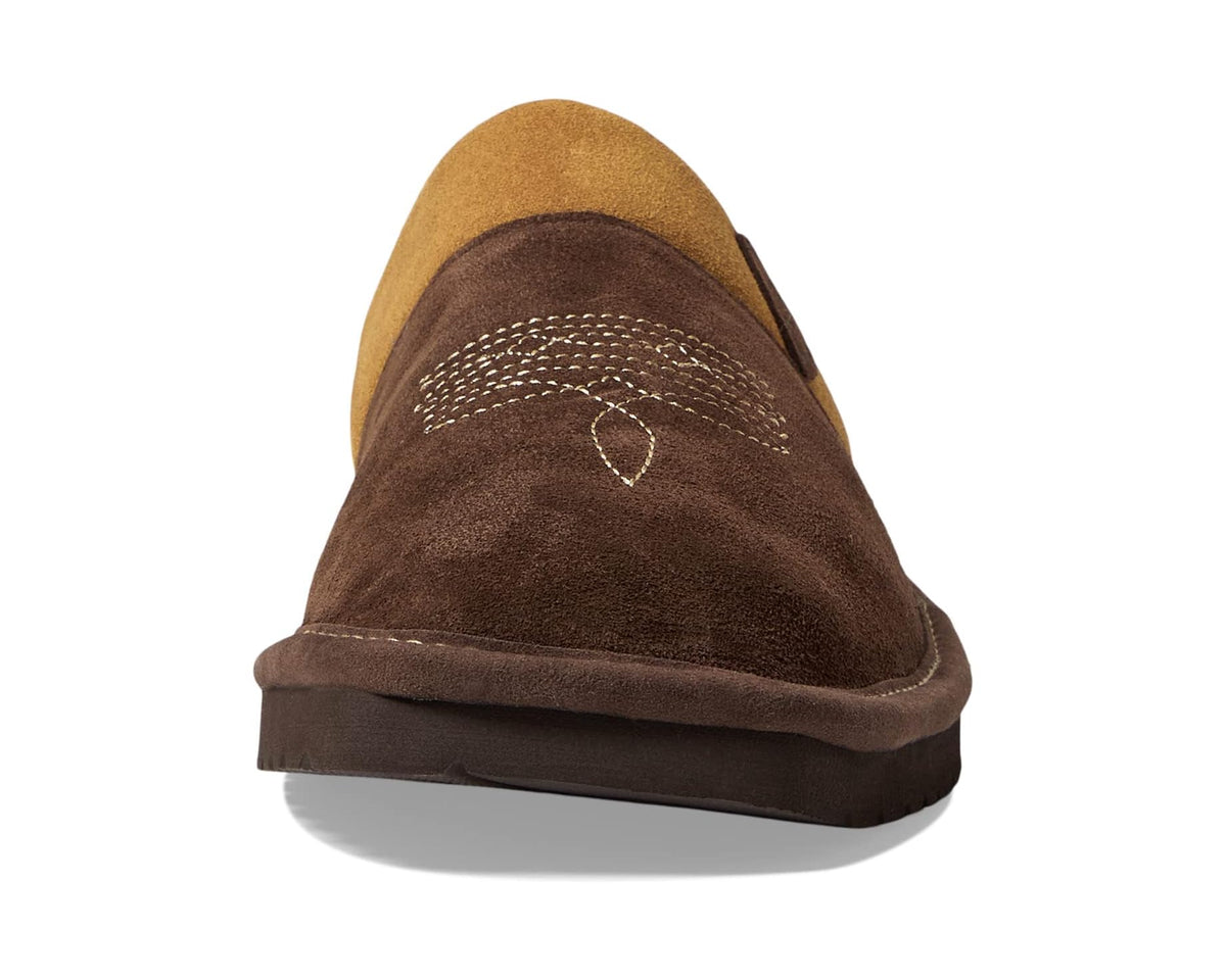 Men's square-toe suede slip-on slippers with chocolate brown upper and tan back panel
