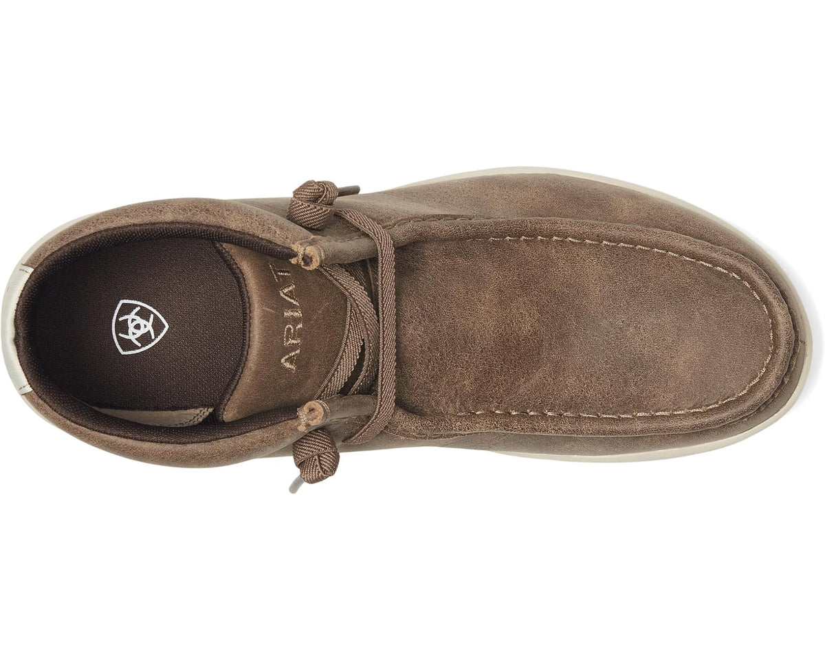 Brown suede lace-up chukka boot with fabric lining and Ariat logo on inner tongue