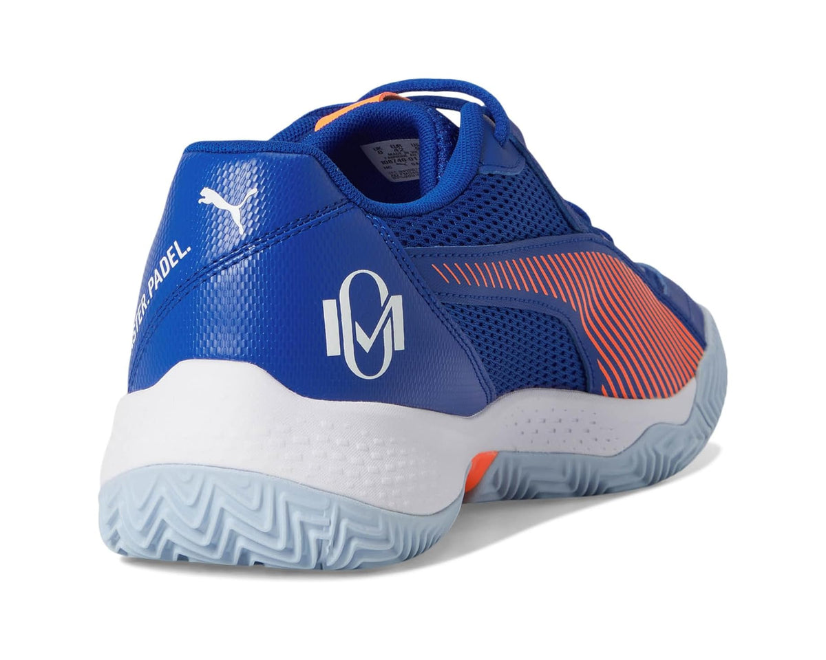 PUMA Nova Court pickleball shoes heel view, blue back with white sole and orange accents