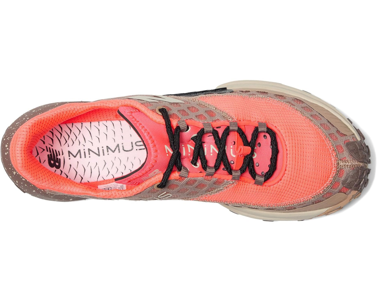 New Balance Minimus trail shoe toe view, coral upper with textured tread and black laces