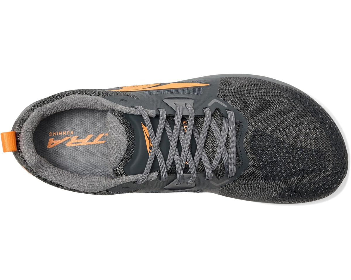Men's dark gray lace-up running shoe with padded collar and orange heel tab