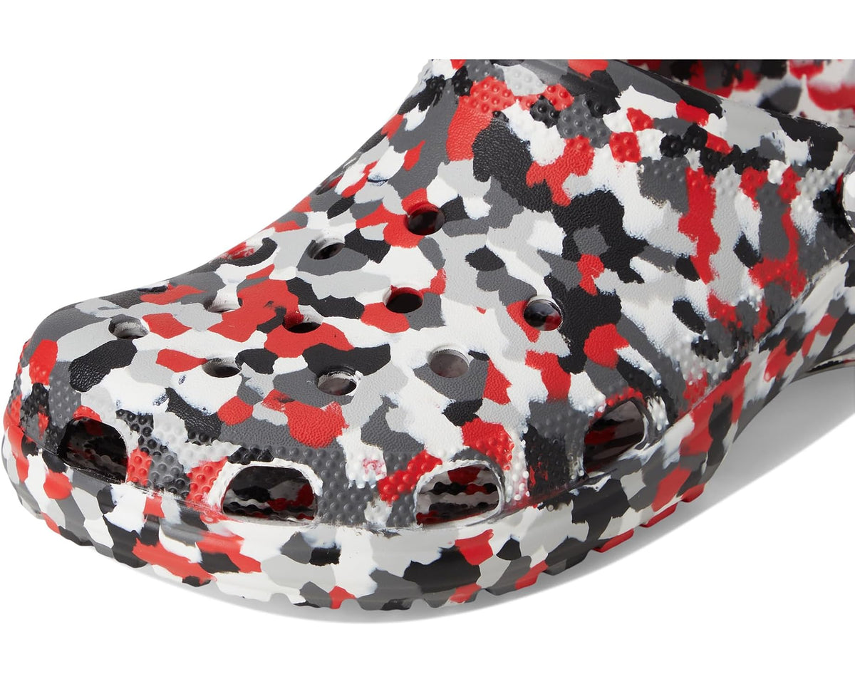 Crocs unisex graphic clogs, toe and vent holes, white black red camo