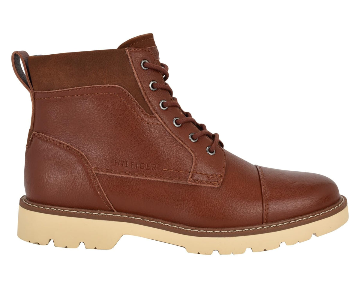 Cognac leather lace-up ankle boots with stitched panel and lug rubber sole