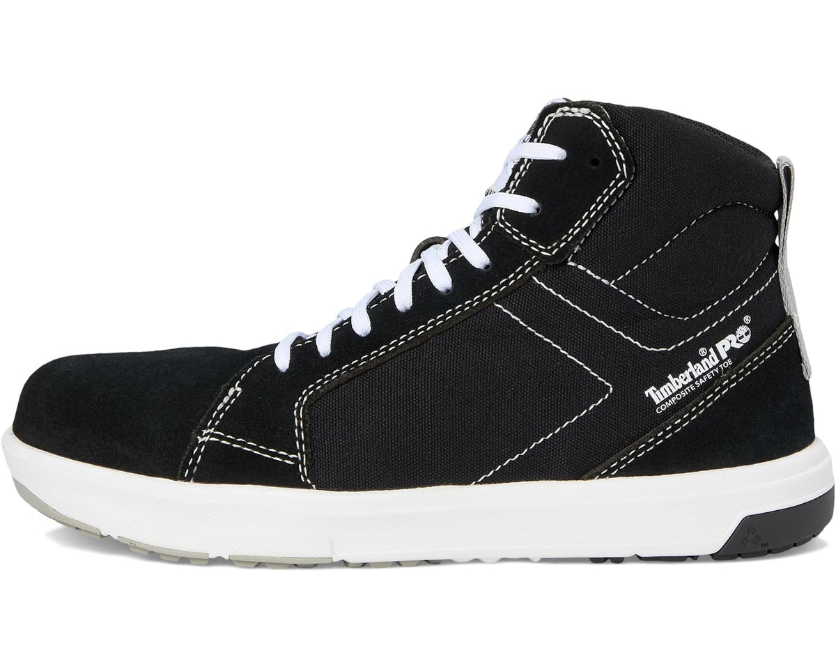 Black high-top safety sneaker with white laces and side stitch detailing