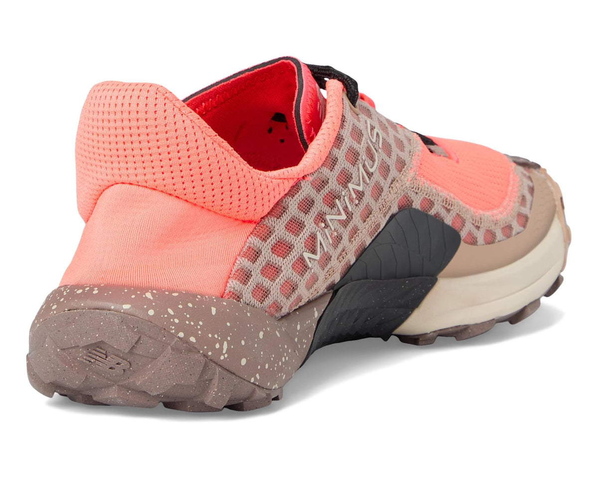 New Balance Minimus trail shoe heel view, coral collar with red lining and taupe midsole