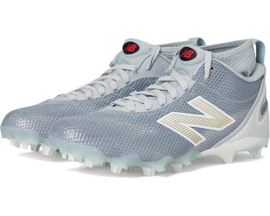 Men's New Balance FreezeLX V5 lacrosse cleats in grey and white with lace-up front