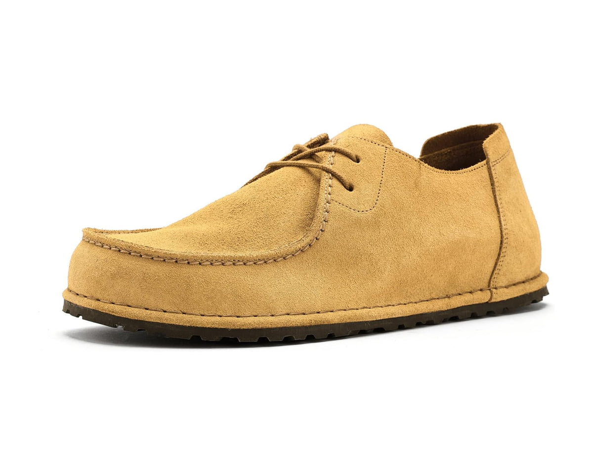 Men's Birkenstock lace-up suede shoes in cork brown, moc toe and stitched seams