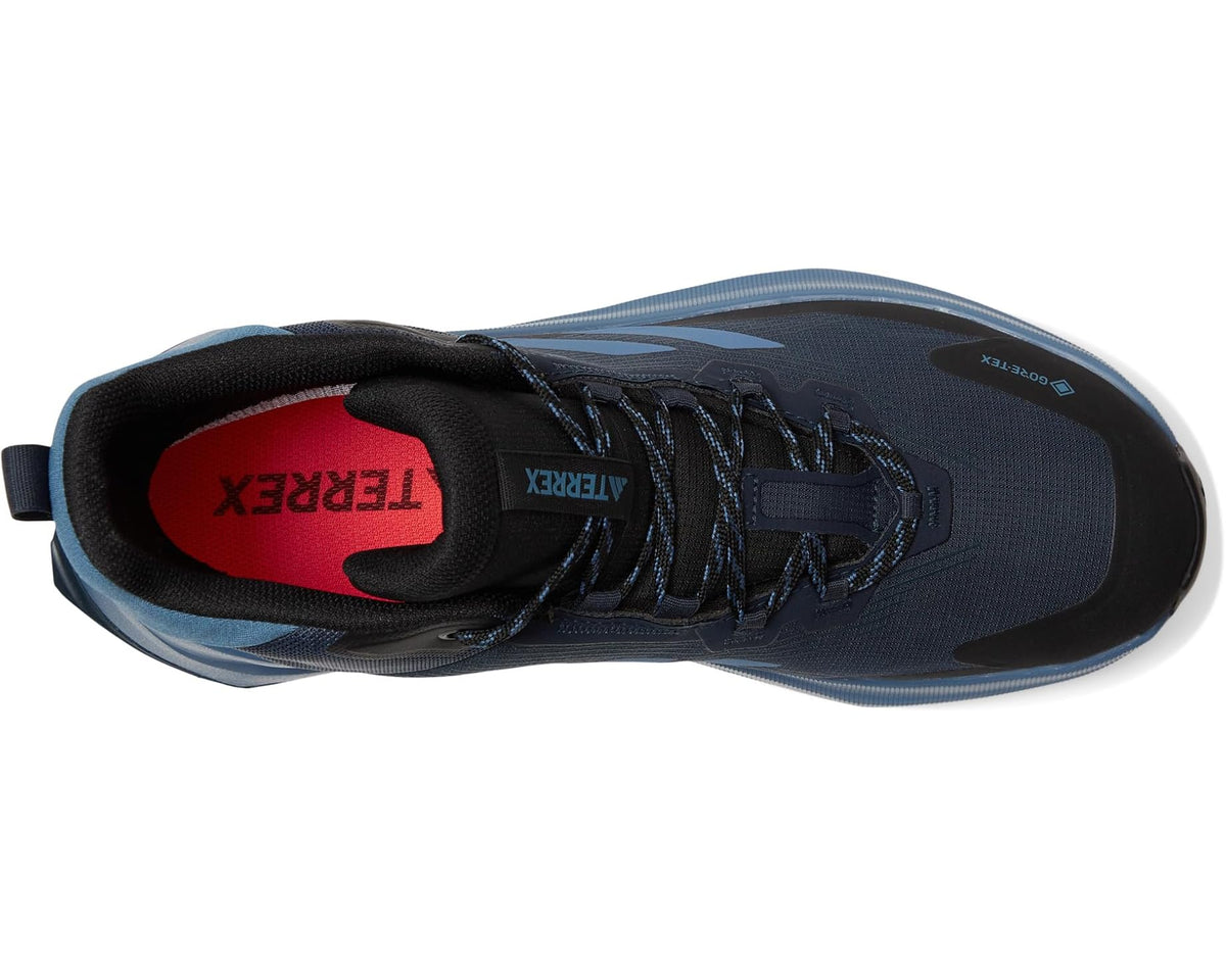 Men's adidas Terrex mid hiking shoes, side view, GORE-TEX, navy/blue with blue laces