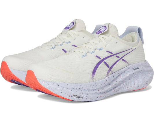 Men's cream running shoes with purple ASICS stripes and speckled cushioned sole