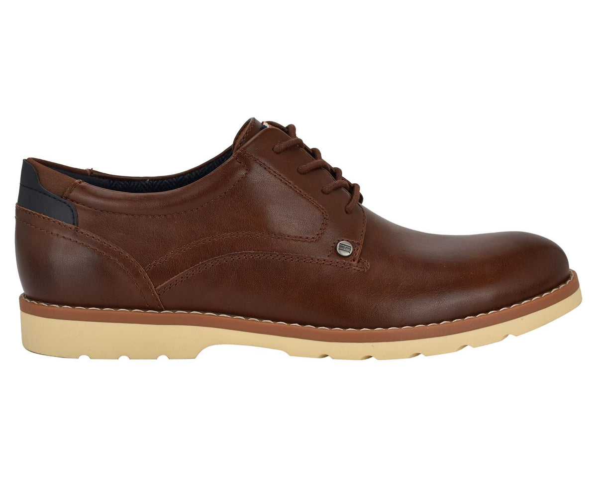 Cognac brown leather lace-up casual shoe with cream sole and stitched details