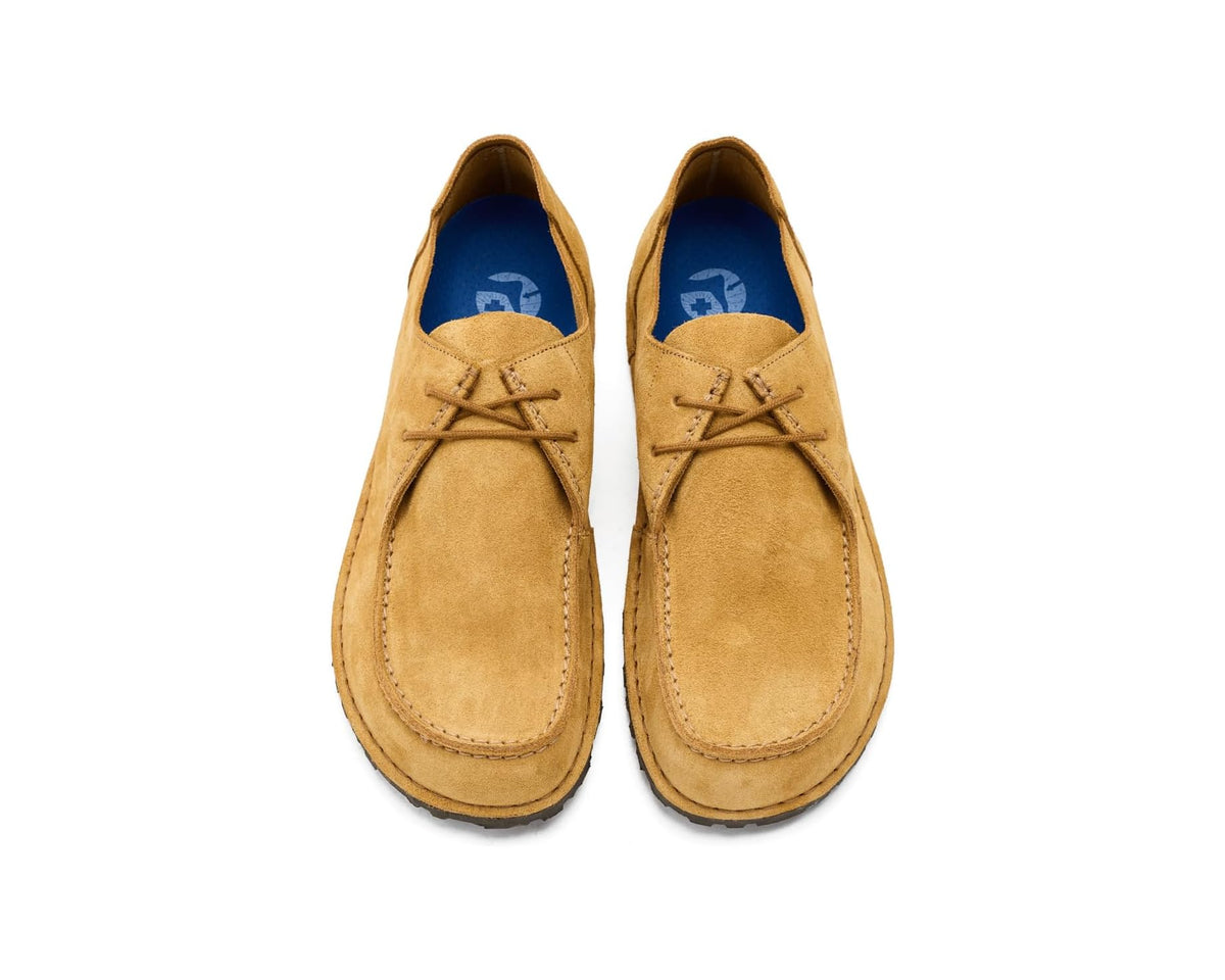 Men's cork brown suede lace-up shoes, blue interior lining and lace-up closure