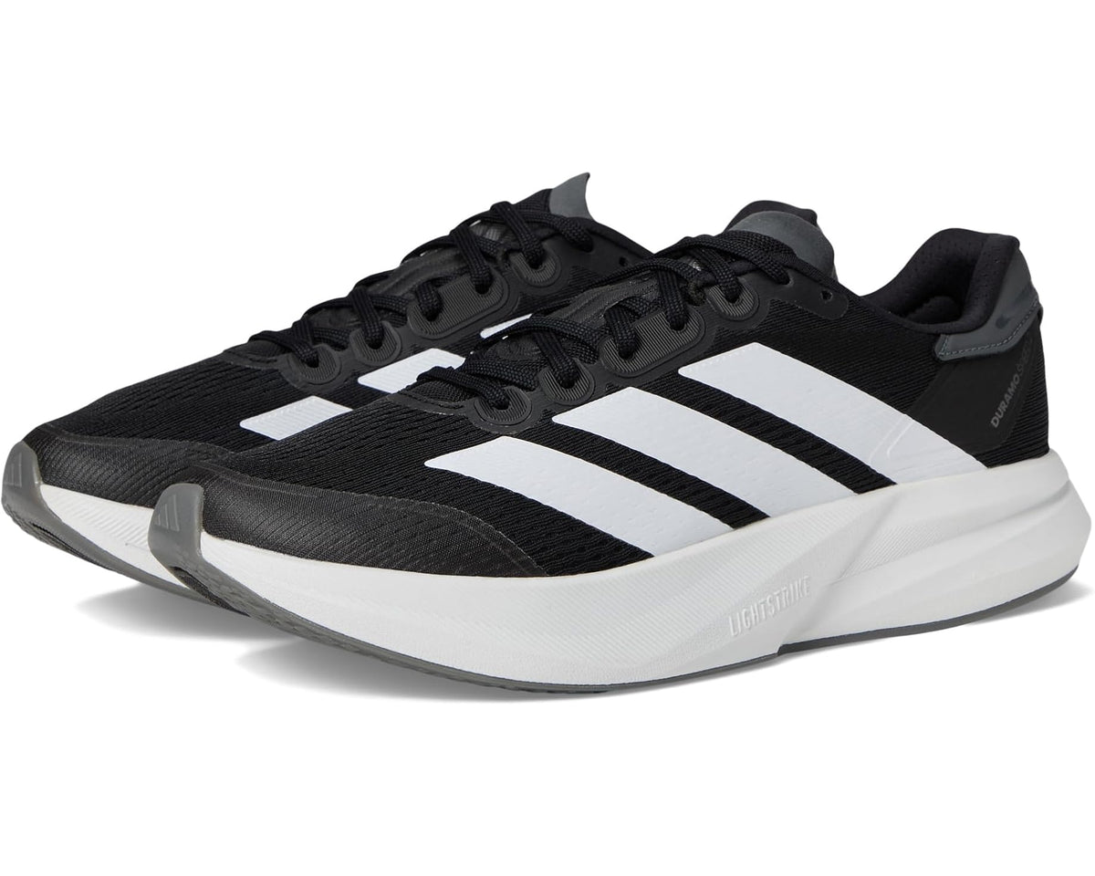 Men's adidas Duramo Speed 2 running shoes, black knit upper with white triple stripes