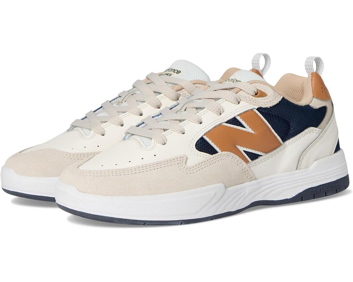 New Balance lace-up sneakers, sea salt with navy and tan accents