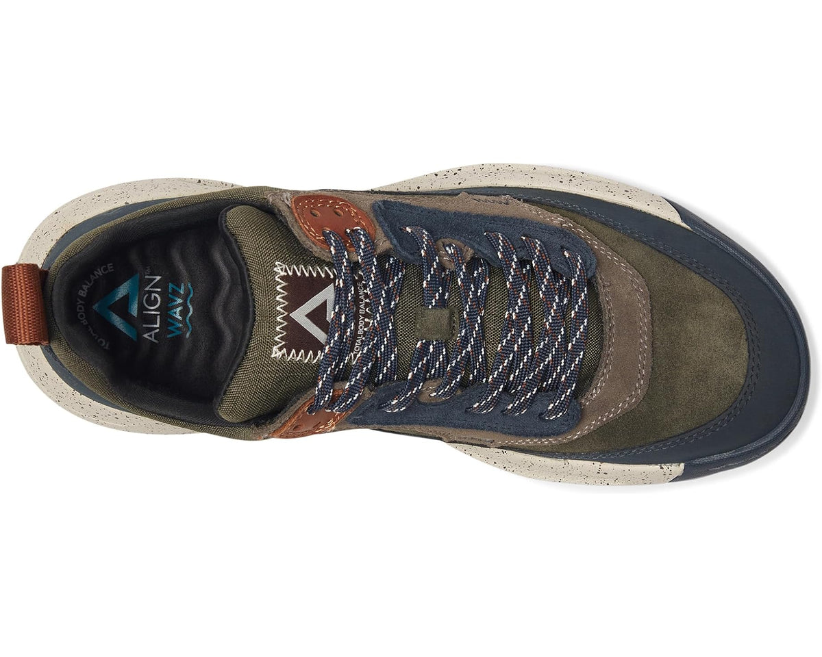 Men's pine green and navy lace-up trail sneaker, side and insole view