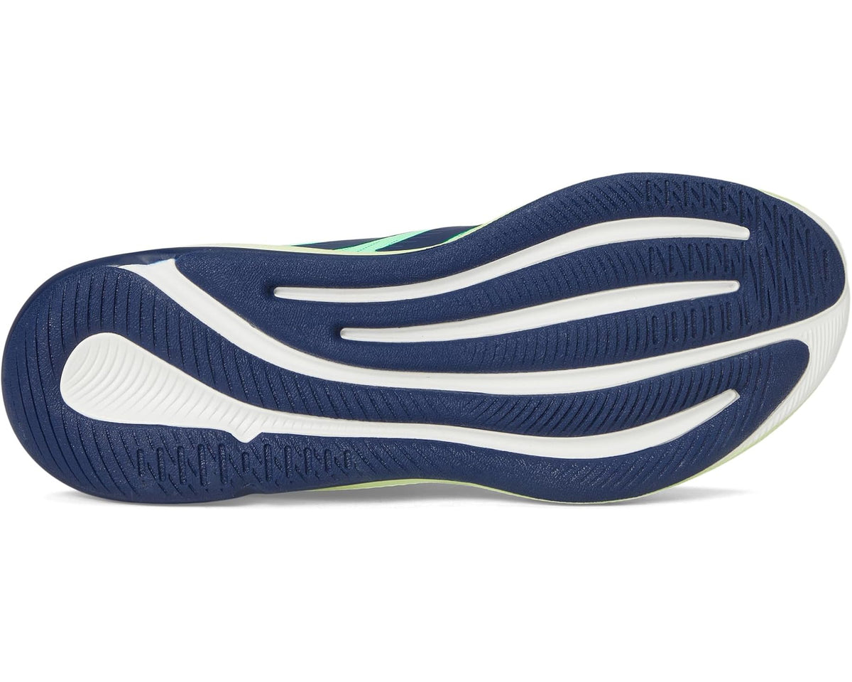 Sole view of lime green and navy running shoes with white midsole stripe