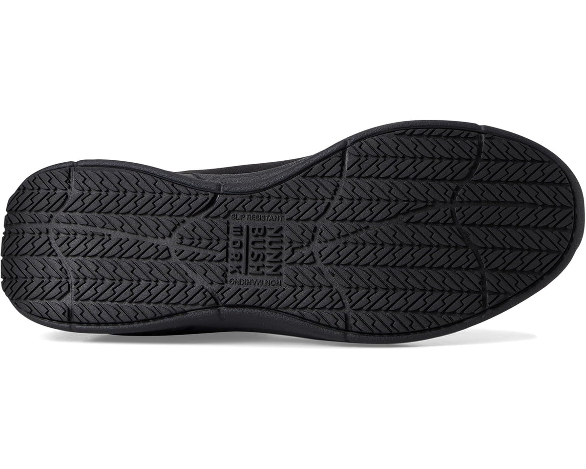 Black slip-on work shoe outsole with textured tread for grip