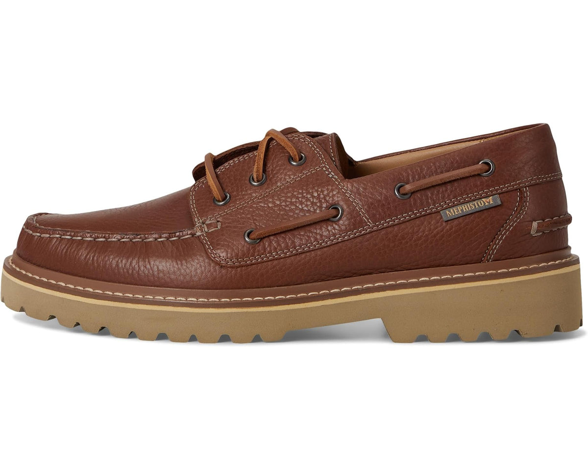 Hazelnut brown leather lace-up boat shoe with stitched collar