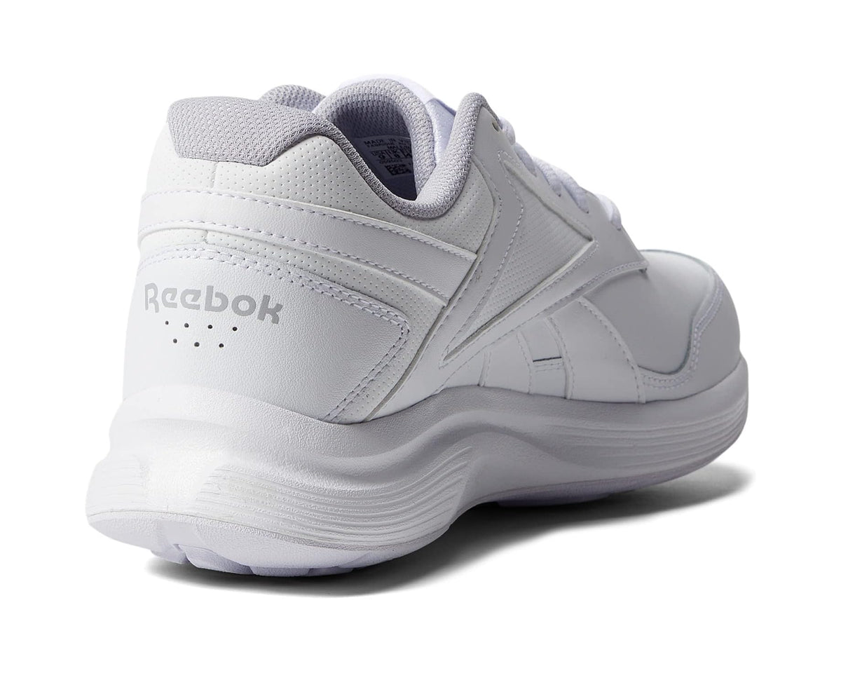 Men's Reebok Walk Ultra 7 heel and side, white upper with gray collar and cushioned sole
