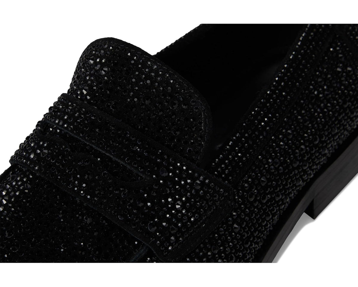 Men's Steve Madden black rhinestone loafer close-up on upper and heel