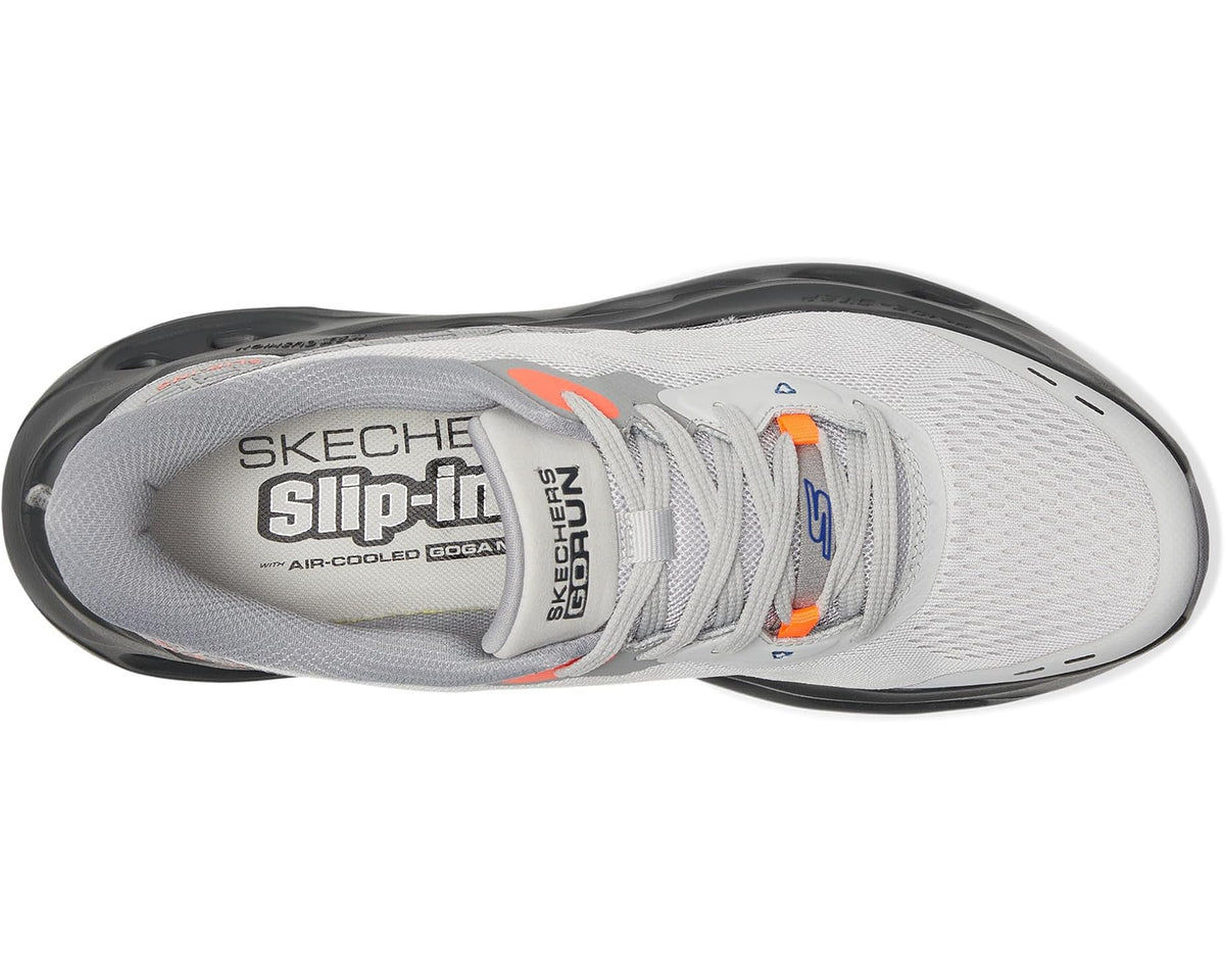 Men's gray slip-on sneaker with laced knit upper and black sidewall
