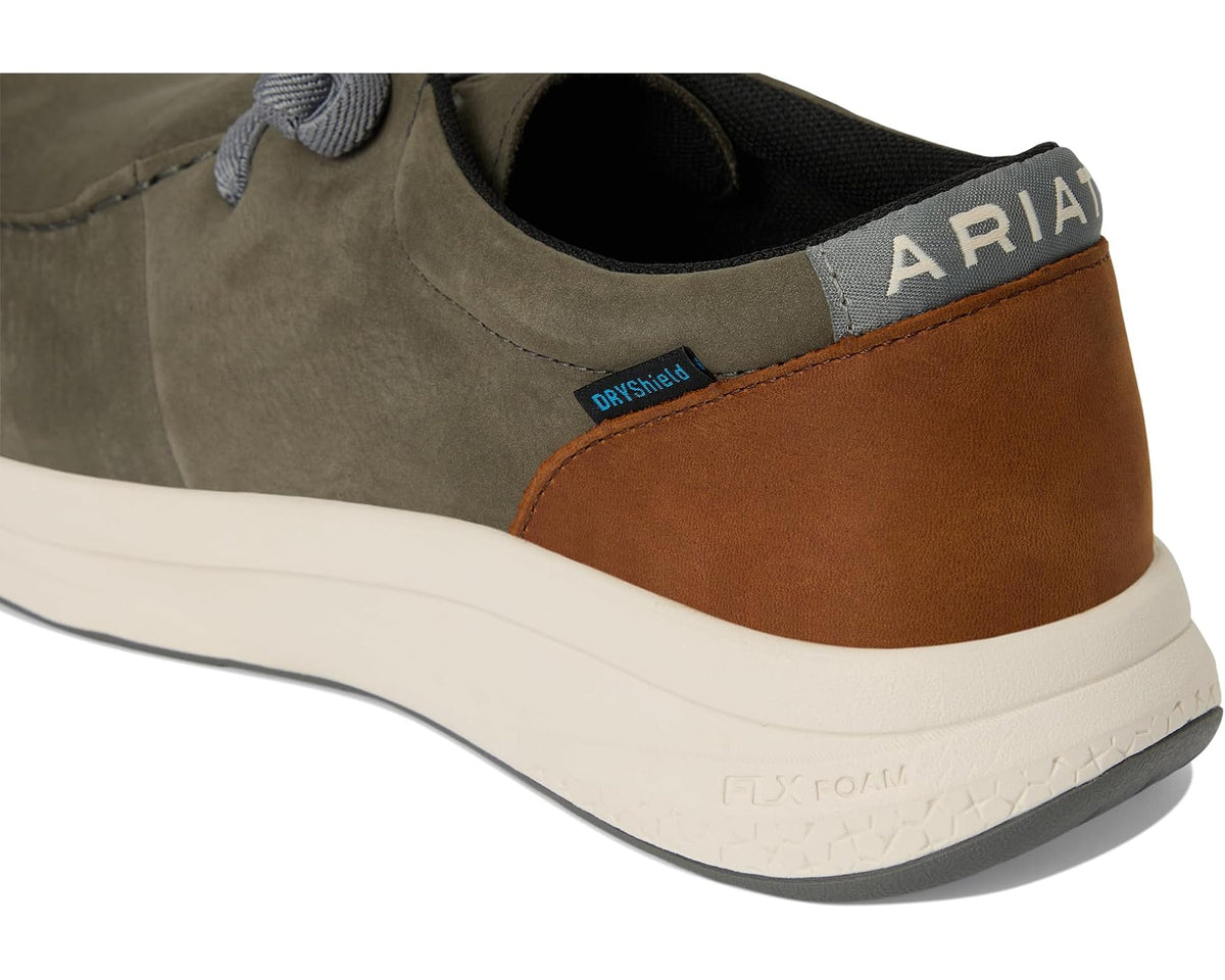 Heel and side detail of Ariat waterproof shoe with brown panel and Flex Foam text