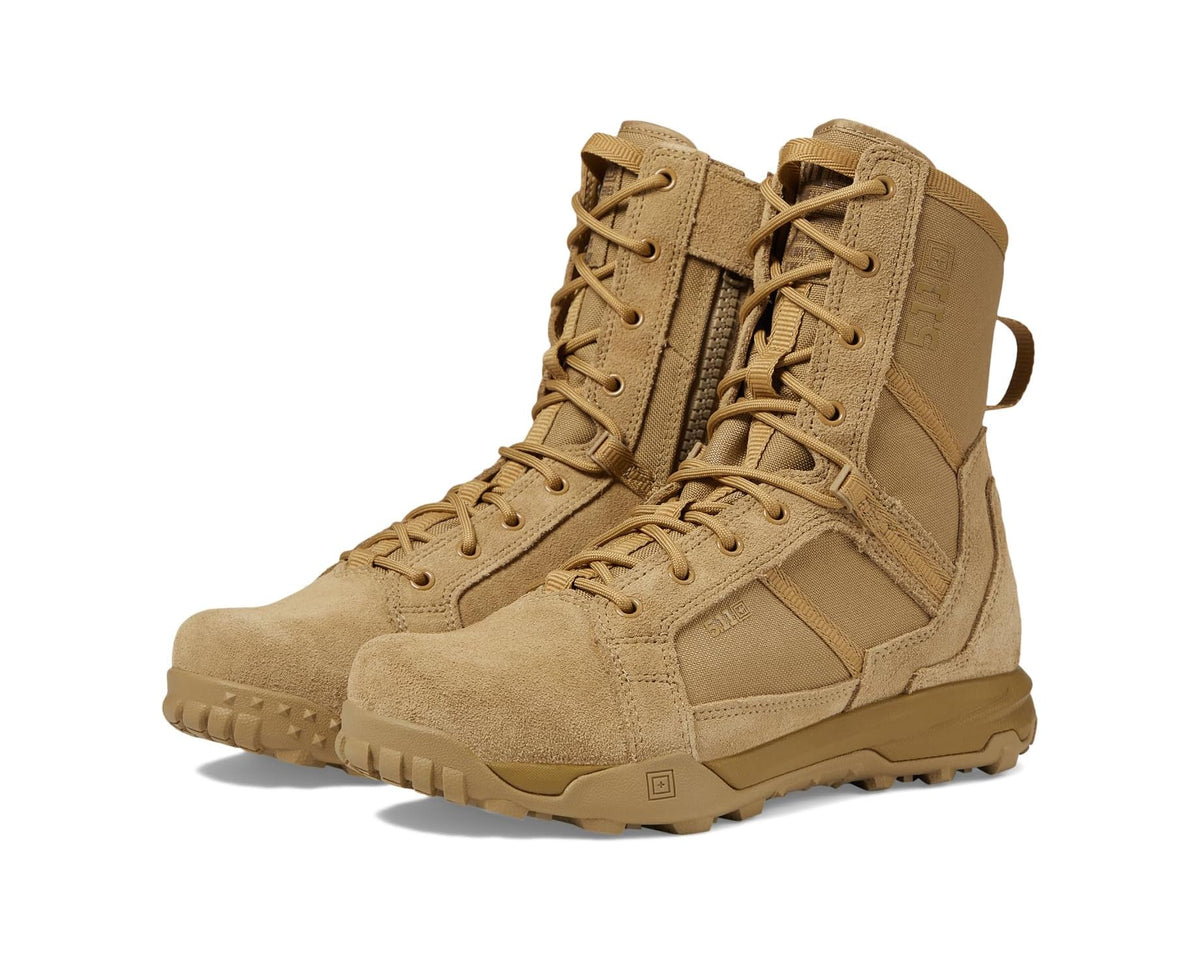 Men's tactical 8-inch boots in coyote tan, lace-up with side zipper and padded collar