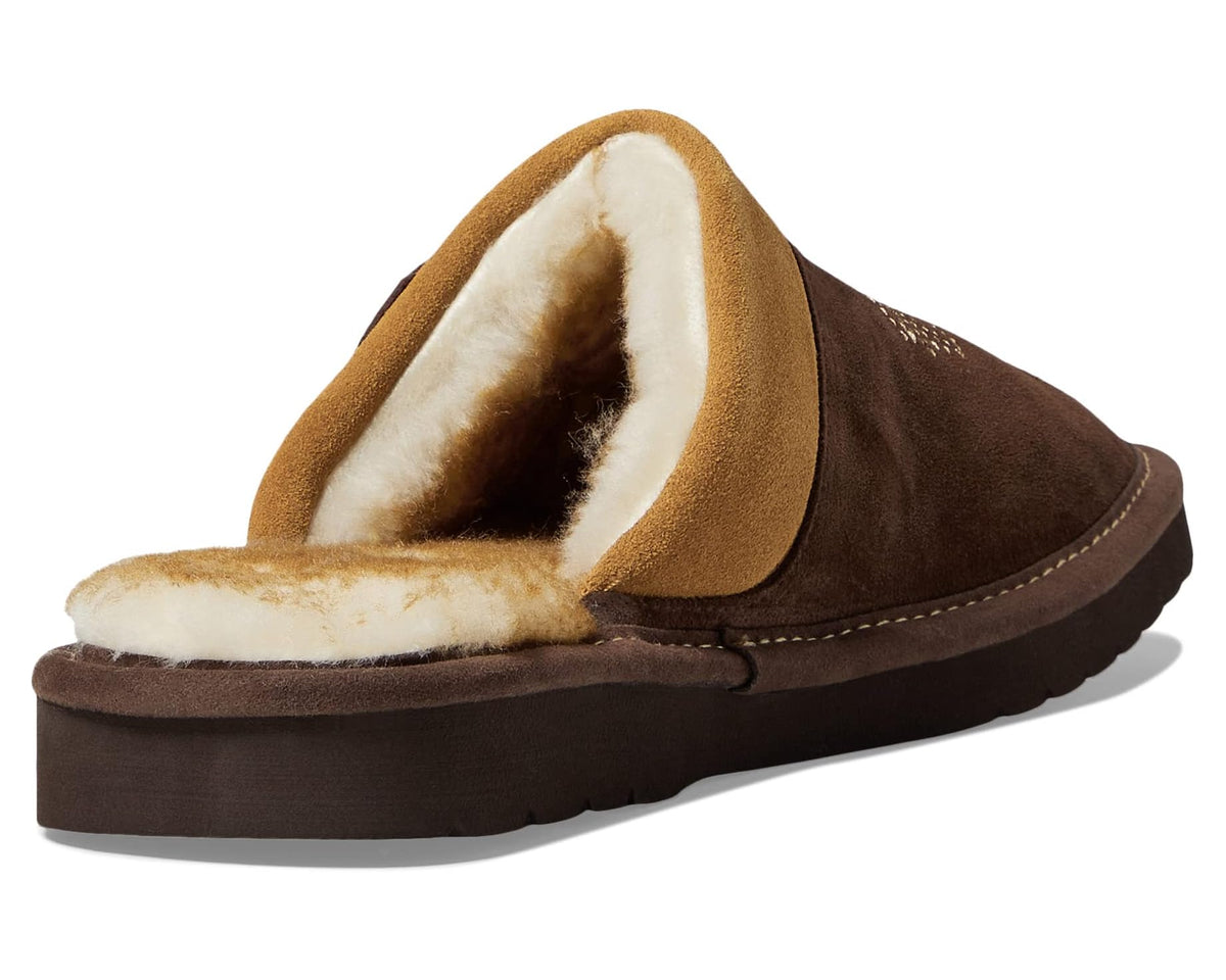 Square-toe slip-on slipper showing tan-lined open interior with brown suede upper