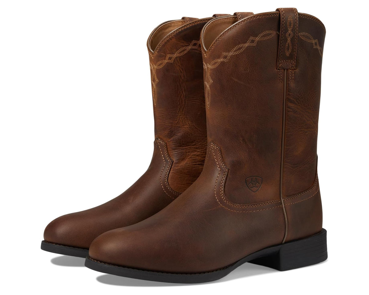 Men's distressed brown roper boots, pull-on style with stitched accents and emblem logo.