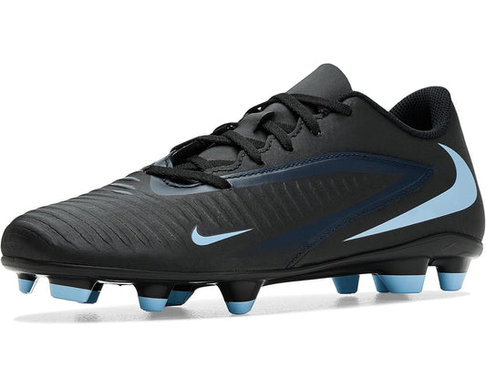 Men's Nike Phantom 6 Low Club soccer cleats, black with blue swoosh and TPU studs