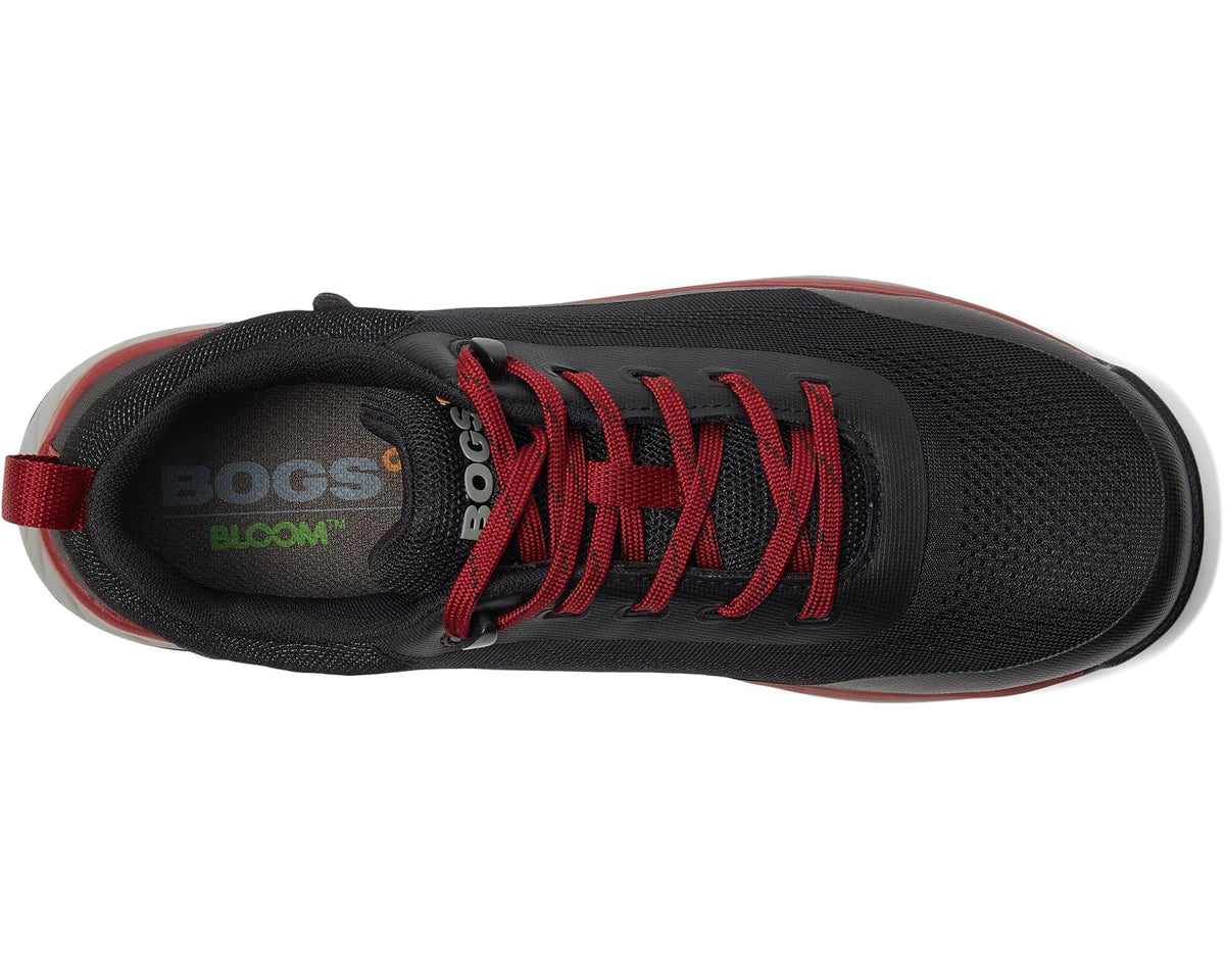 Men's black knit sneakers with red laces and interior logo detail