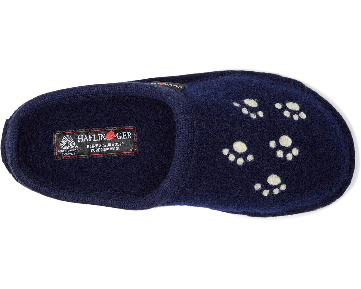 Haflinger Fido blue slippers with paw-print outer and cushioned interior opening