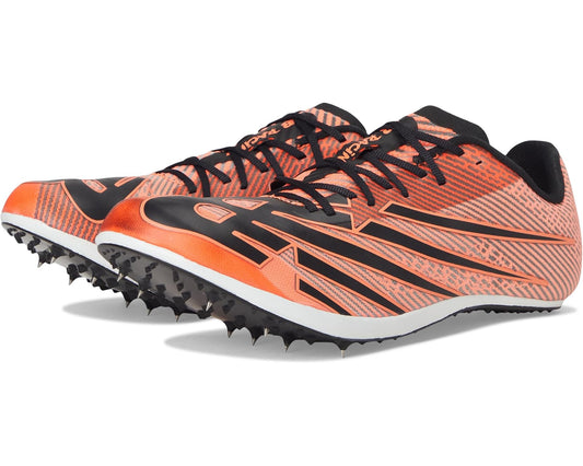 New Balance men's cleat: orange patterned upper, black laces, white midsole, studded sole