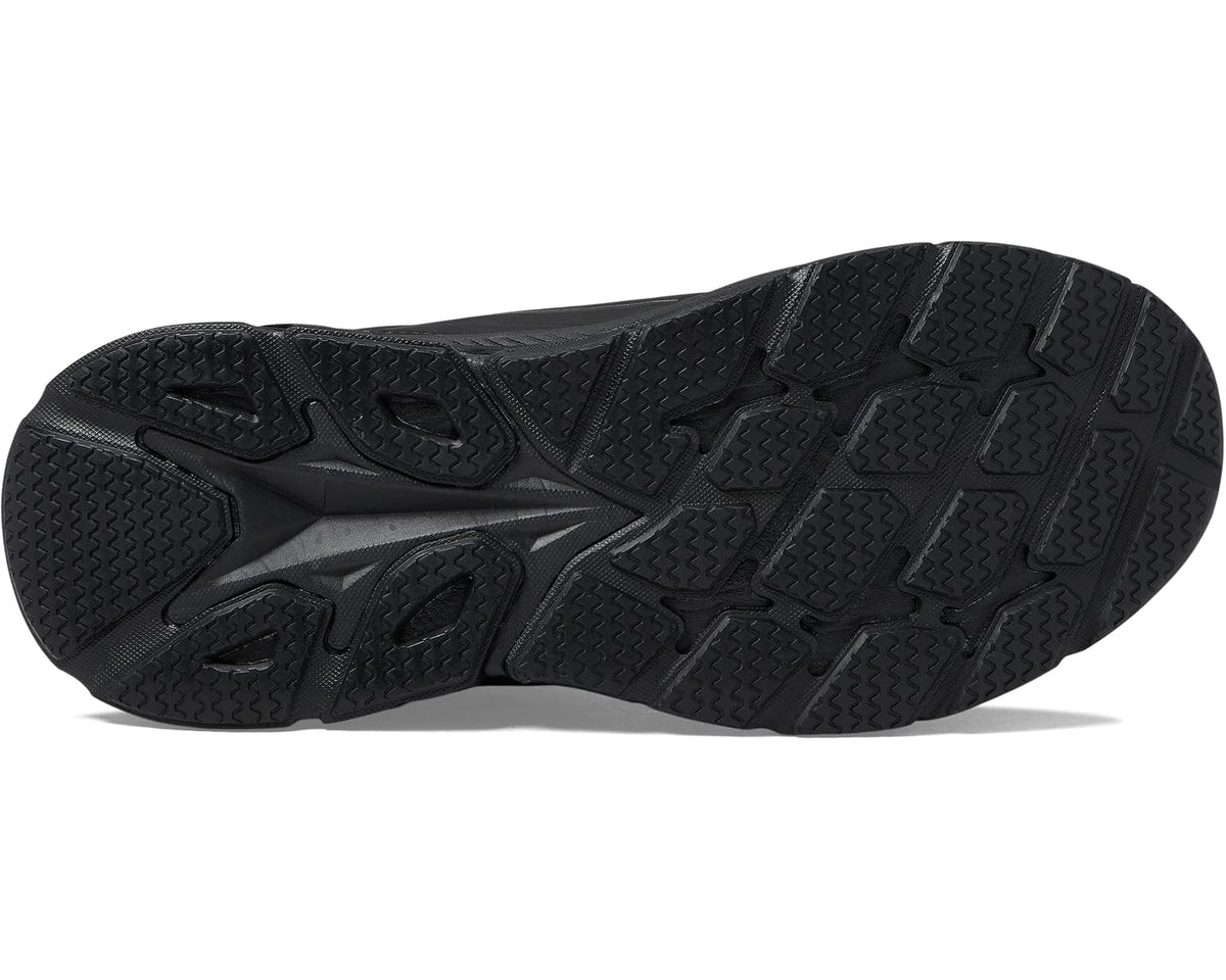 Black work boot outsole with deep tread pattern and textured rubber grip
