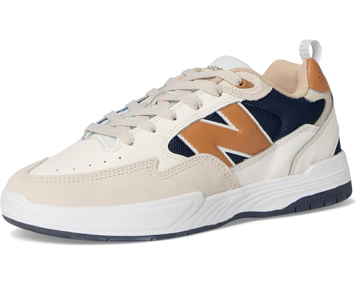 New Balance unisex sneakers, sea salt upper with navy and tan logo accents