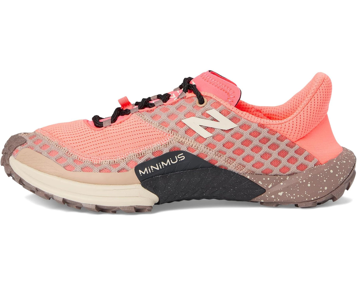 New Balance Minimus trail shoe front 3/4 view, coral mesh with taupe overlays and black details