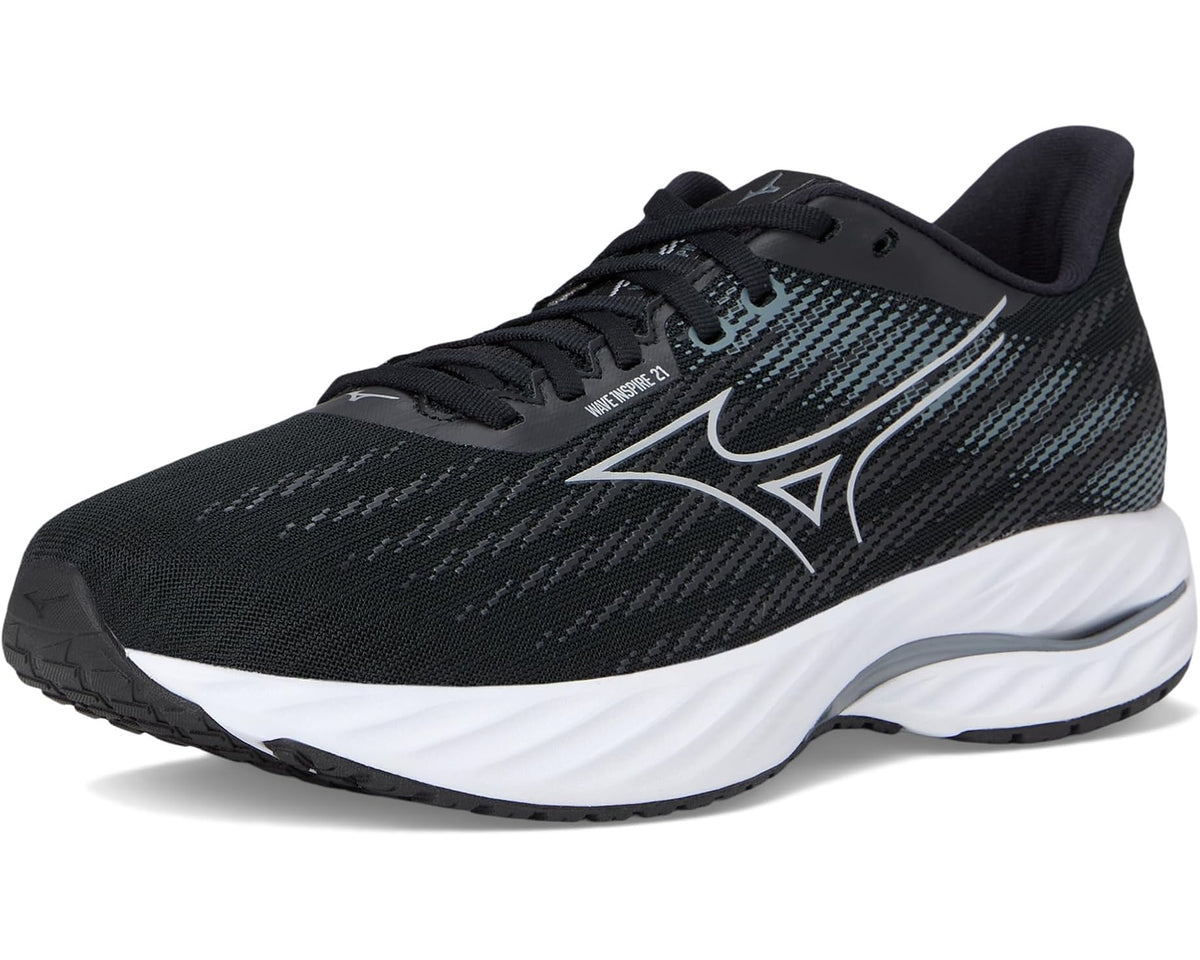 Men's Mizuno running shoes, black knit upper with silver accents, lace-up.